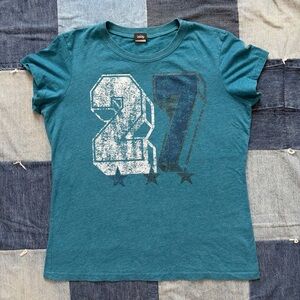 Vanity VTG Y2K baby tee blue teal sporty 27 stars graphic varsity size 2XL